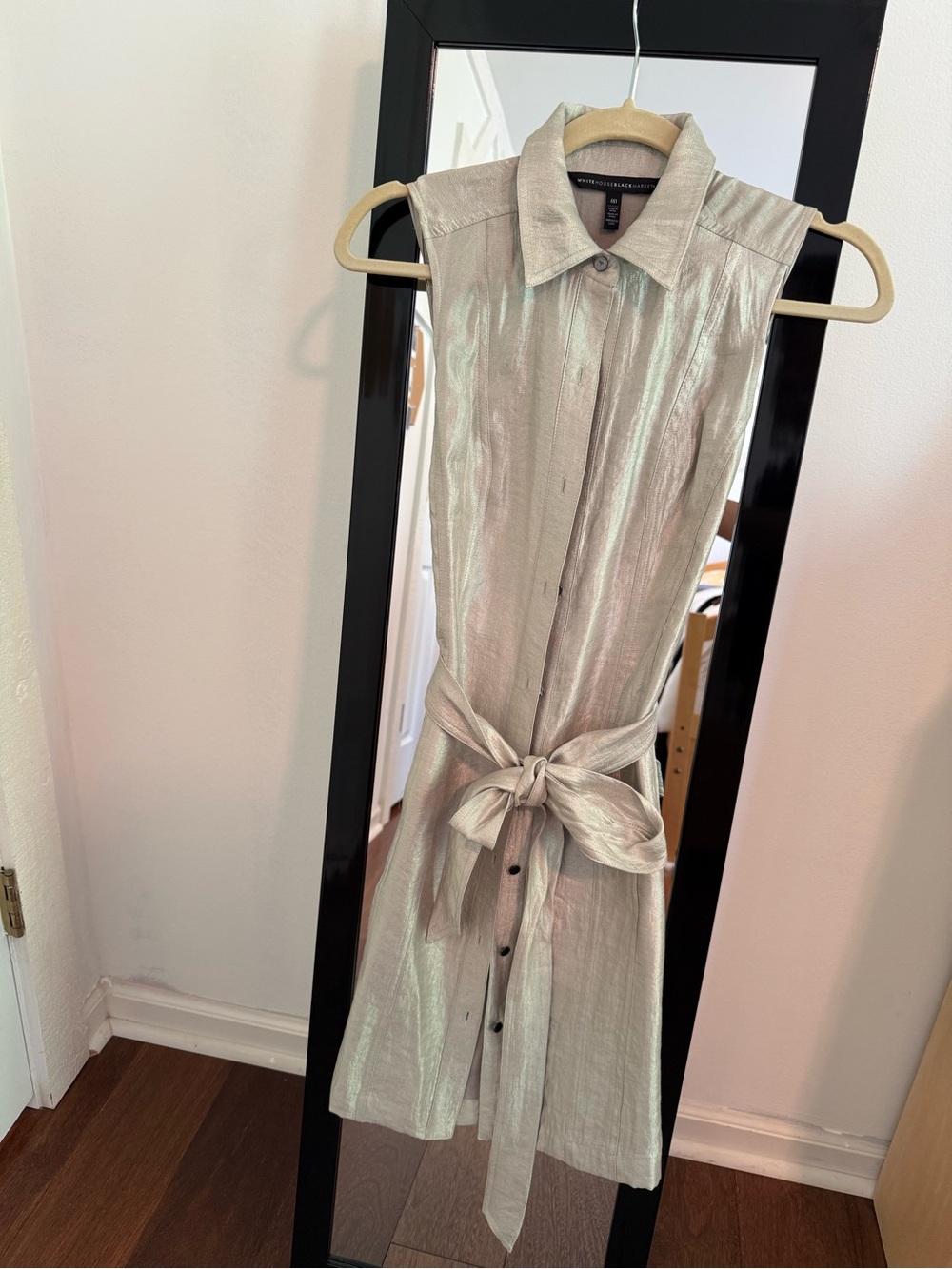 White House Black Market Metallic Silver Sleeveless Shirt Dress with Tie